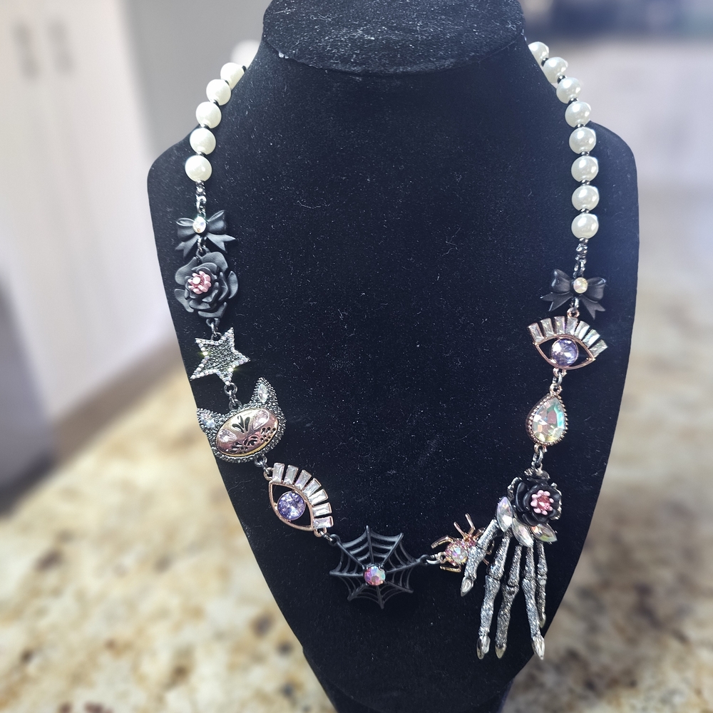 Pearl & Black Gothic Charm Necklace with Pink and Purple Accents - Picture 3 of 6